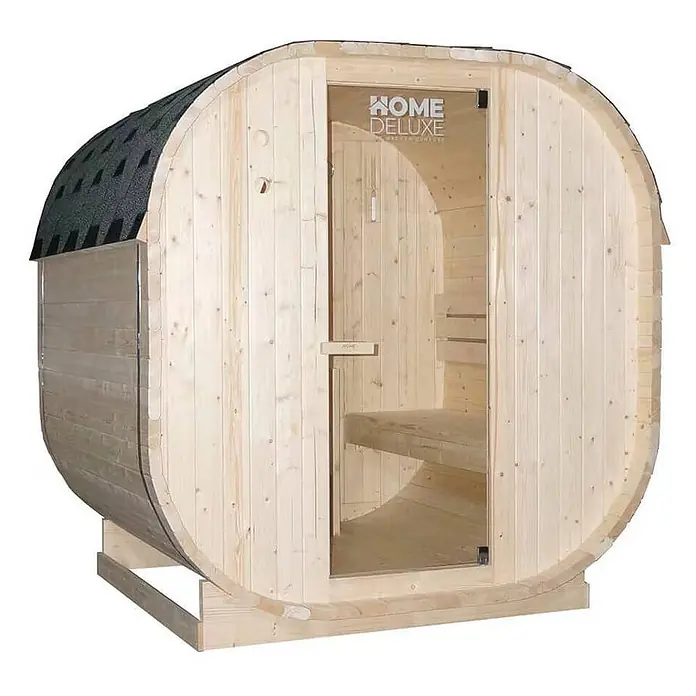 Home Deluxe Fasssauna CUBE L - Elektroofen, Holz - Hellholz-Fasssauna mit dunklem Schindeldach, Glastür und Innenbänken für den Außenbereich.