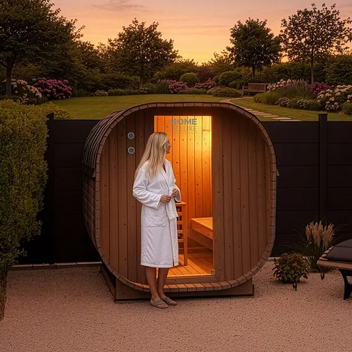Home Deluxe Fasssauna CUBE L - Elektroofen, Holz - Hölzerne Fasssauna im Garten bei Sonnenuntergang, mit einer Frau im Bademantel am Eingang.