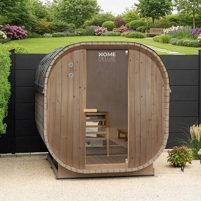 Home Deluxe Fasssauna CUBE L - Elektroofen, Holz - Hölzerne Fasssauna mit Glastür.