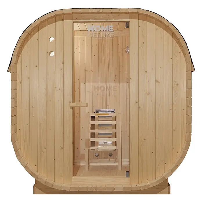Home Deluxe Fasssauna CUBE M - Elektroofen, Holz - Fasssauna aus hellem Naturholz mit Glastür und Innenheizung, für den Außenbereich.