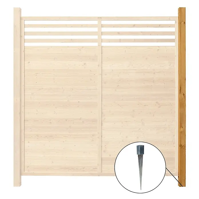 Home Deluxe Sichtschutzelement SOMA 1x Pfosten - Holz, Braun - Helles Holzzaunelement und dunkler Pfosten mit Bodenspieß zur Installation.