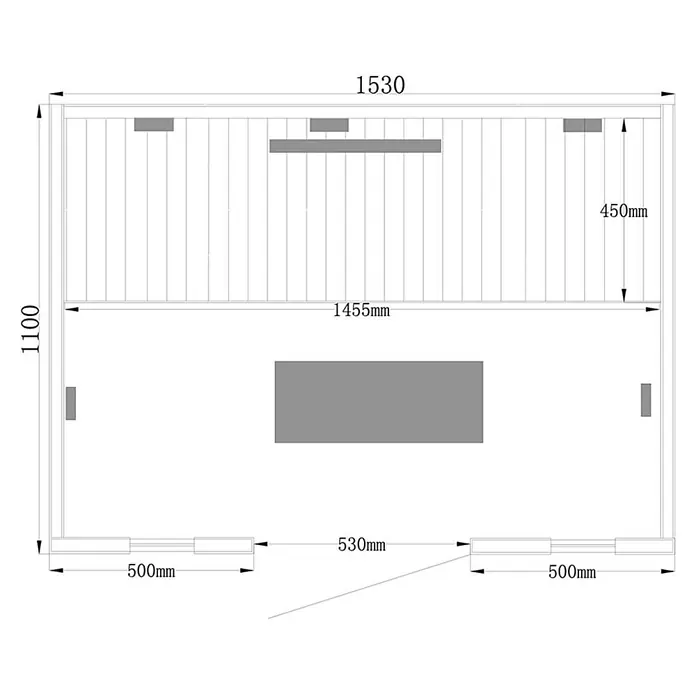 Home Deluxe Infrarotkabine REDSUN DELUXE L -  - Grundrissdiagramm einer Saunakabine mit Maßen (1530x1100mm), zeigt Innenbänke und Heizelemente.