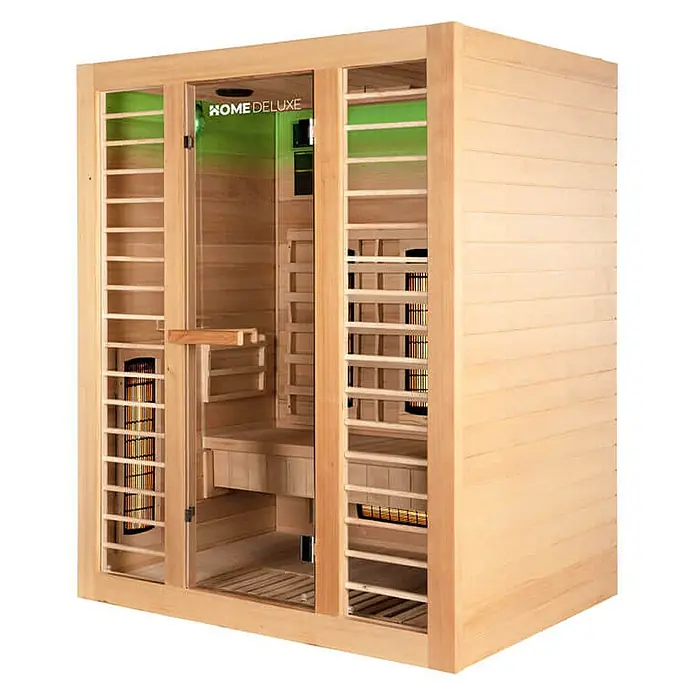 Home Deluxe Infrarotkabine REDSUN DELUXE L -  - Eine helle Holz-Infrarotsauna mit klarer Glastür, internen Heizungen und grüner Innenbeleuchtung für die Entspannung zu Hause.
