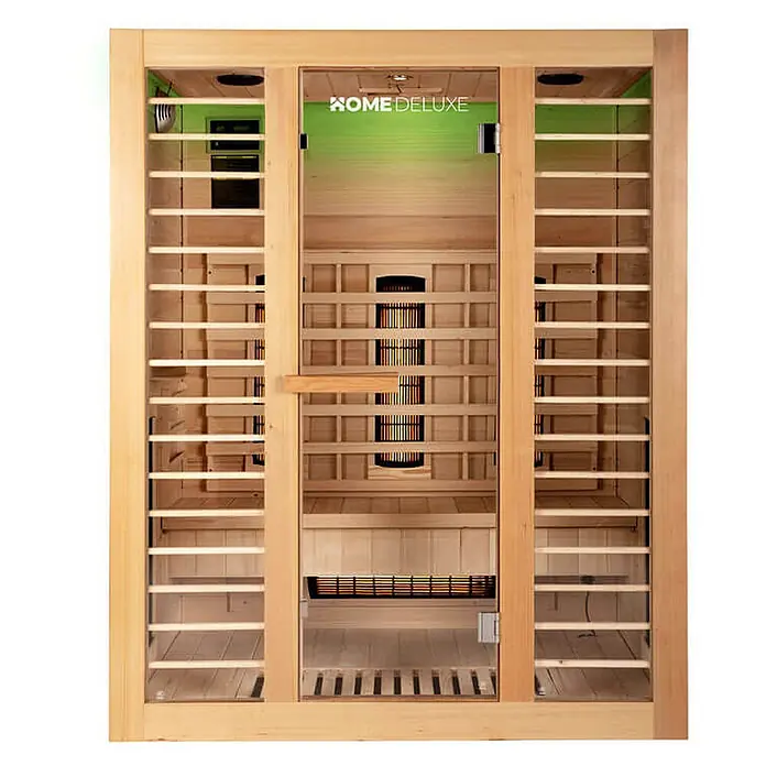 Home Deluxe Infrarotkabine REDSUN DELUXE L -  - Infrarotsauna aus hellem Holz mit Glastür, sichtbaren Heizelementen und grüner Innenbeleuchtung.