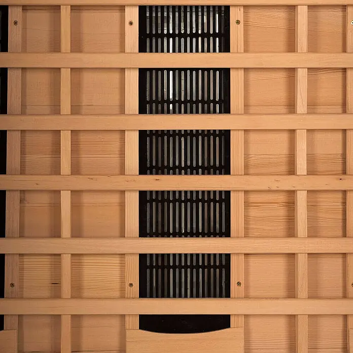 Home Deluxe Infrarotkabine REDSUN DELUXE L -  - Helle Holzsauna-Innenseite mit vertikalen Lamellen, die schwarze Heizgitter schützen.