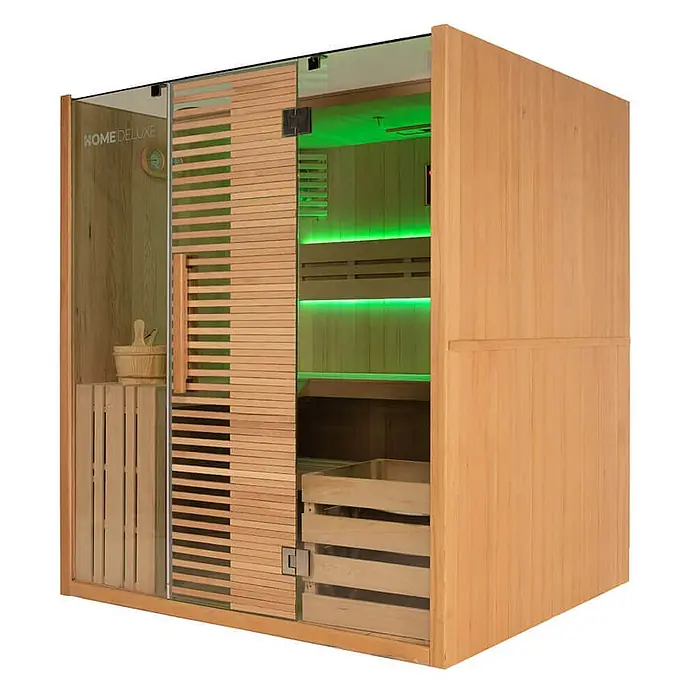 Home Deluxe Elementsauna OMAHA - Elektroofen, Steuerung Ofen: Integriert, L x B x H: 150 x 180 x 200 cm - Moderne Sauna mit heller Holzverkleidung, Glastür und grüner LED-Innenbeleuchtung.