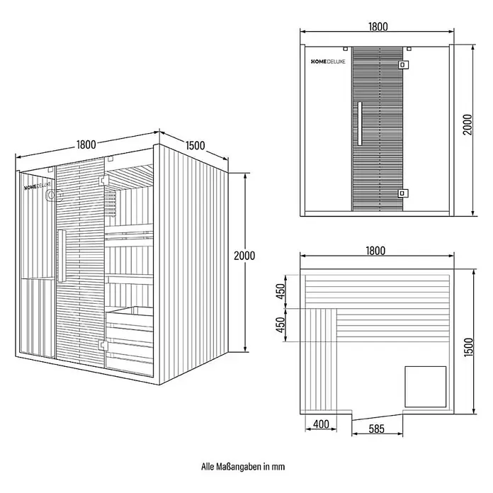 Home Deluxe Elementsauna OMAHA - Elektroofen, Steuerung Ofen: Integriert, L x B x H: 150 x 180 x 200 cm - Technische Zeichnung einer Saunakabine mit den Maßen 1800x1500x2000 mm, Tür und Innenbänken.