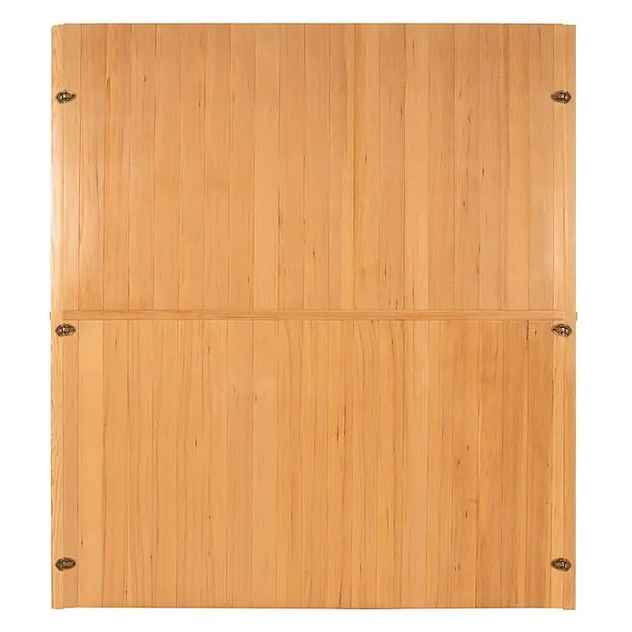 Home Deluxe Elementsauna OMAHA - Elektroofen, Steuerung Ofen: Integriert, L x B x H: 150 x 180 x 200 cm - Helles Naturholzpaneel mit vertikalen Lamellen und vier dekorativen messingfarbenen Eckakzenten, durch eine Holzleiste geteilt.