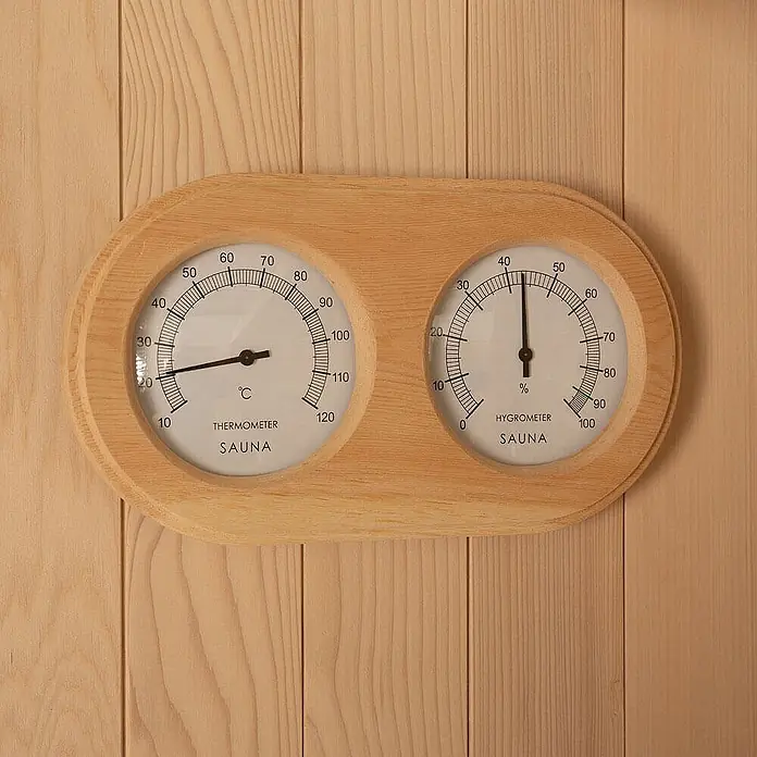 Home Deluxe Elementsauna OMAHA - Elektroofen, Steuerung Ofen: Integriert, L x B x H: 150 x 180 x 200 cm - Kombiniertes Sauna-Thermometer und Hygrometer aus hellem Holz, zeigt Temperatur und Feuchtigkeit an.
