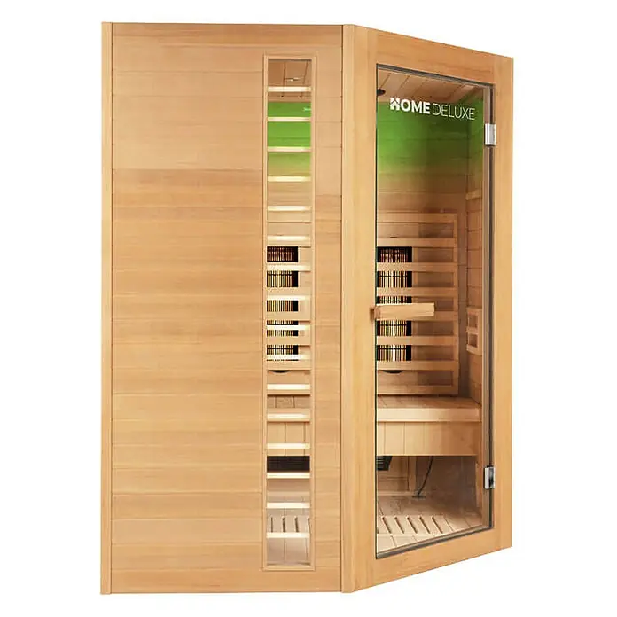 Home Deluxe Infrarotkabine REDSUN DELUXE XXL -  - Eck-Infrarotsauna aus hellem Holz mit Glastür, Innenbänken und sichtbaren Heizelementen.