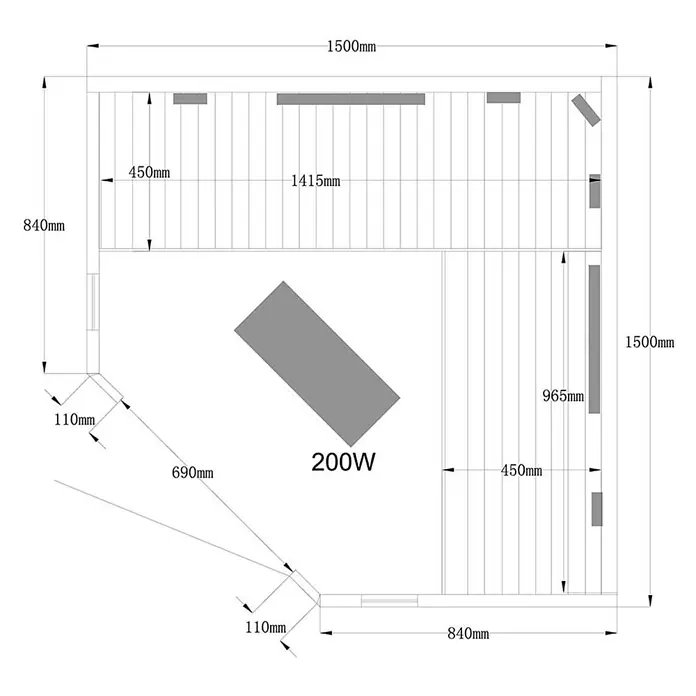Home Deluxe Infrarotkabine REDSUN DELUXE XXL -  - Technische Zeichnung einer Infrarot-Saunakabine mit Maßen und einem 200W Heizelement.