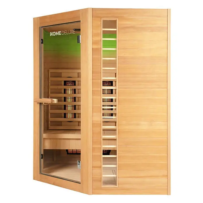 Home Deluxe Infrarotkabine REDSUN DELUXE XXL -  - Infrarotsauna aus hellem Holz mit Glastür, sichtbarer Sitzbank und glühenden Heizstrahlern.