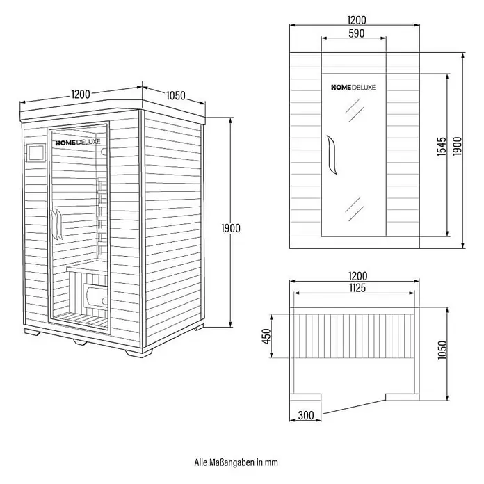 HOME DELUXE - Infrarotkabine mit Vollspektrumstrahler REDSUN M - 120 x 105 cm für 2 Personen -  - Technische Zeichnung einer Holzsaunakabine mit Glastür, mit Vorder-, Draufsicht und perspektivischer Ansicht samt Maßen.