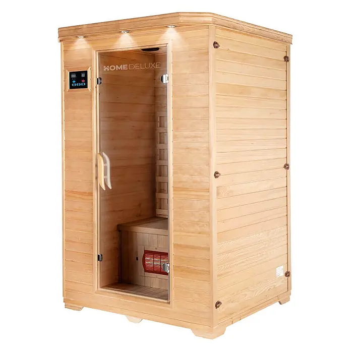HOME DELUXE - Infrarotkabine mit Vollspektrumstrahler REDSUN M - 120 x 105 cm für 2 Personen -  - Helle Holz-Infrarotsaunakabine mit Glastür und digitalem Bedienfeld.