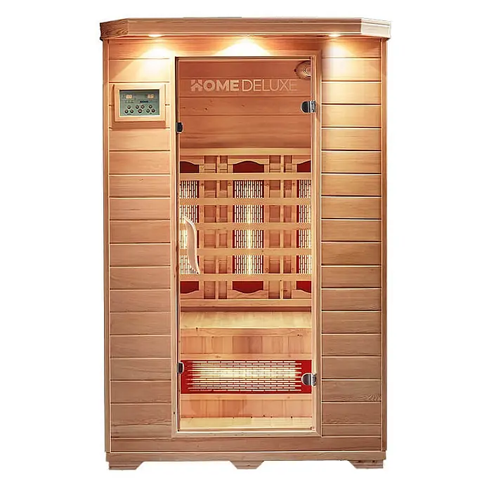 HOME DELUXE - Infrarotkabine mit Vollspektrumstrahler REDSUN M - 120 x 105 cm für 2 Personen -  - Home Deluxe Infrarotsauna aus hellem Holz mit Glastür, Bedienfeld und sichtbaren, glühenden Heizstrahlern.