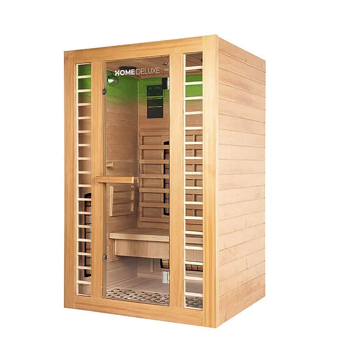 Home Deluxe Infrarotkabine REDSUM DELUXE PLUS M -  - Helles Holz Home Deluxe Infrarotsauna mit Glastür, Innenbank und sichtbaren Heizstrahlern.