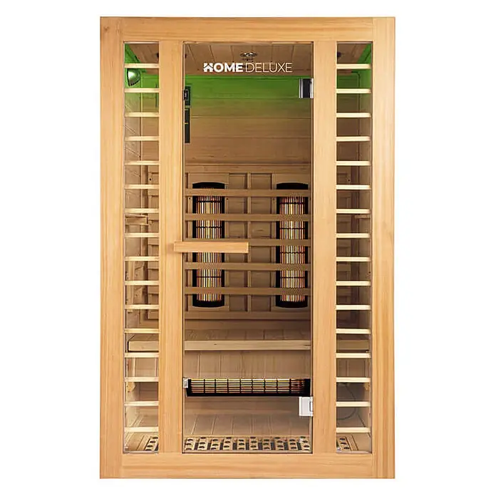 Home Deluxe Infrarotkabine REDSUM DELUXE PLUS M -  - Infrarotsauna aus hellem Holz mit Glastür, zeigt Innenbänke und glühende Infrarotstrahler.