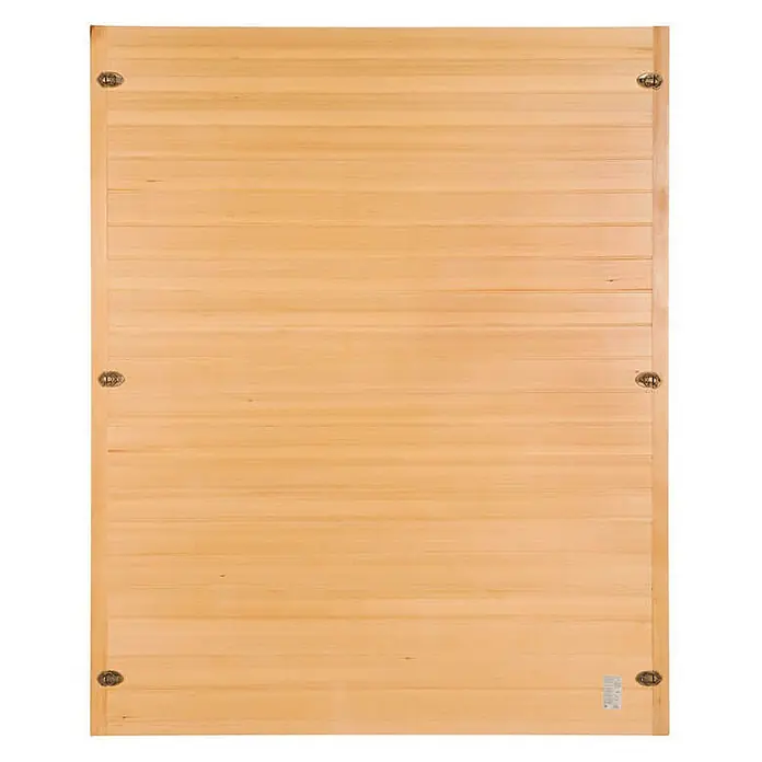 Home Deluxe Infrarotkabine REDSUN DELUXE XL -  - Helles Holzpaneel mit horizontalen Brettern und vier Metallbefestigungen, je zwei an jeder vertikalen Seite.