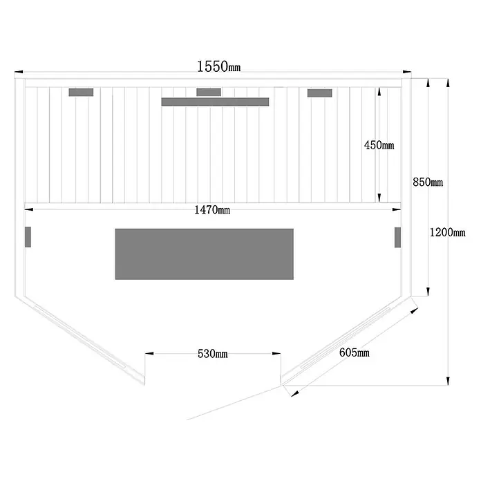 Home Deluxe Infrarotkabine REDSUN DELUXE XL -  - Technische Zeichnung eines Sauna-Innenraumlayouts mit Bänken, Wandelementen und Hauptmaßen wie 1550mm Breite und 1200mm Tiefe.
