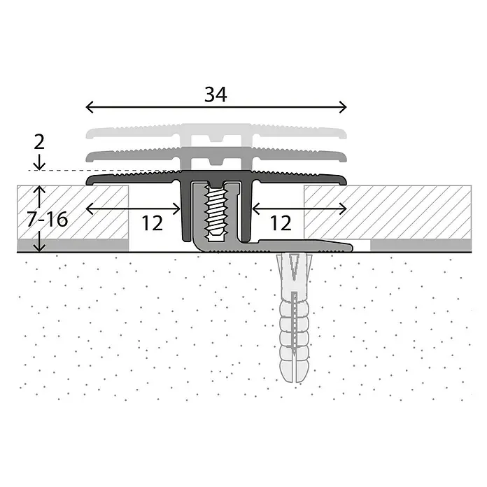LOGOCLIC Übergangsprofil 220 - Sahara, 0,9 m x 34 mm, Montageart: Schrauben - Technische Zeichnung eines Übergangsprofils mit Maßen.