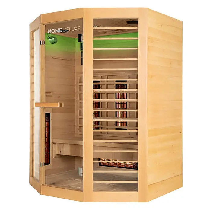 Home Deluxe Infrarotkabine REDSUN DELUXE XL -  - Helle Holz-Infrarotsauna mit Glastür, sichtbaren Heizstrahlern und grüner Innenbeleuchtung.