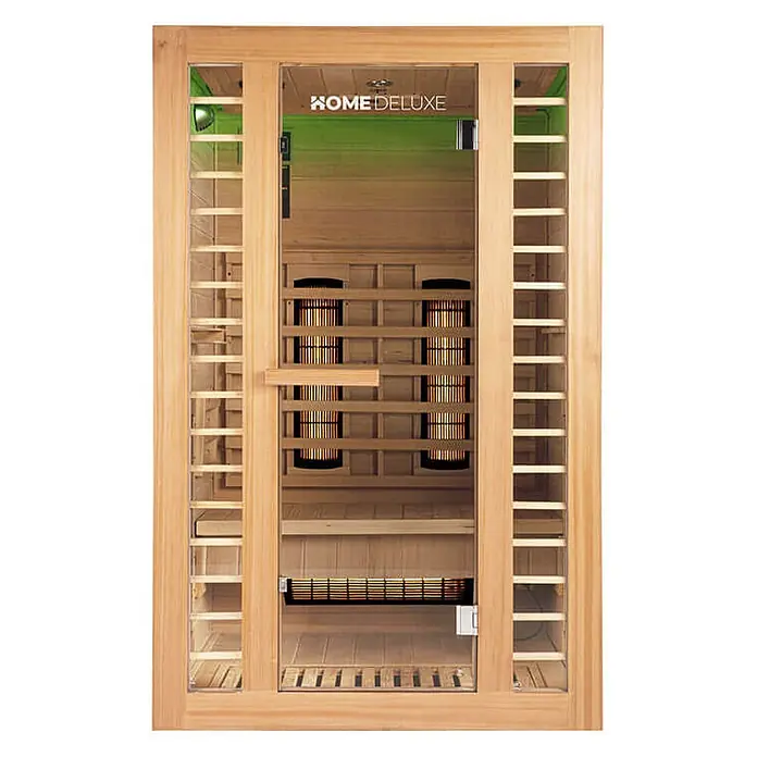 Home Deluxe Infrarotkabine REDSUN DELUXE M -  - Infrarotsauna aus hellem Holz mit Glastür, sichtbaren Infrarotheizstrahlern und grünem Lichtstreifen oben.