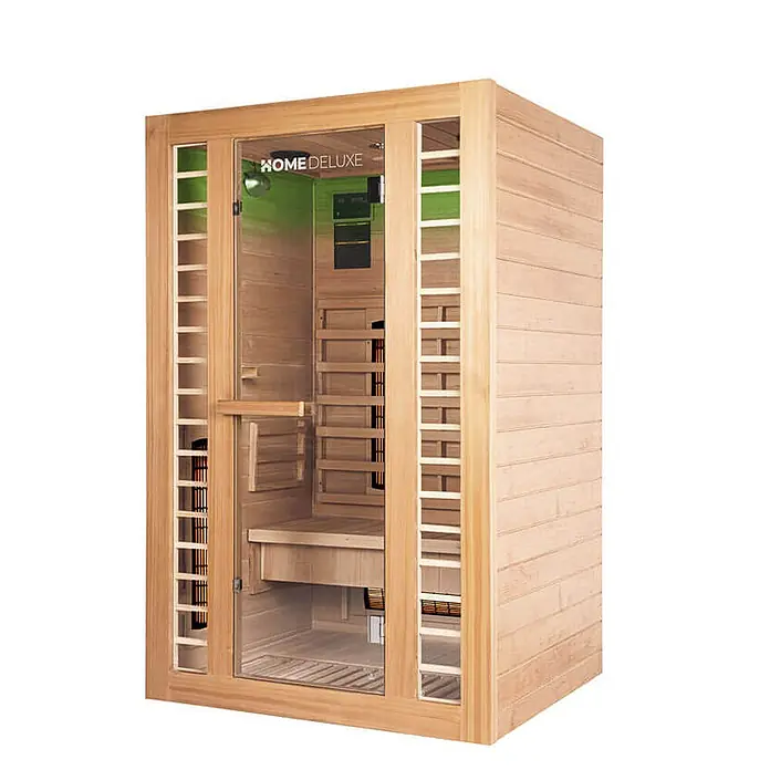 Home Deluxe Infrarotkabine REDSUN DELUXE M -  - Helle Infrarotsauna aus Holz mit Glastür, Innenbank und sichtbaren Heizstrahlern.