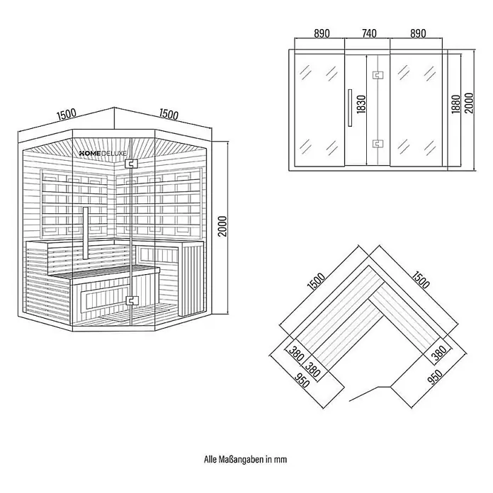 Home Deluxe Infrarotkabine SAHARA XXL -  - Technische Zeichnungen einer Ecksaunakabine mit Maßen, Glasfronttür und Innenbänken.