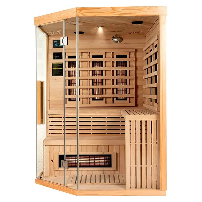 Home Deluxe Infrarotkabine SAHARA XXL -  - Helle Holz-Infrarotsauna mit Glastür, sichtbaren Heizelementen, Bedienfeld und Innenbank.