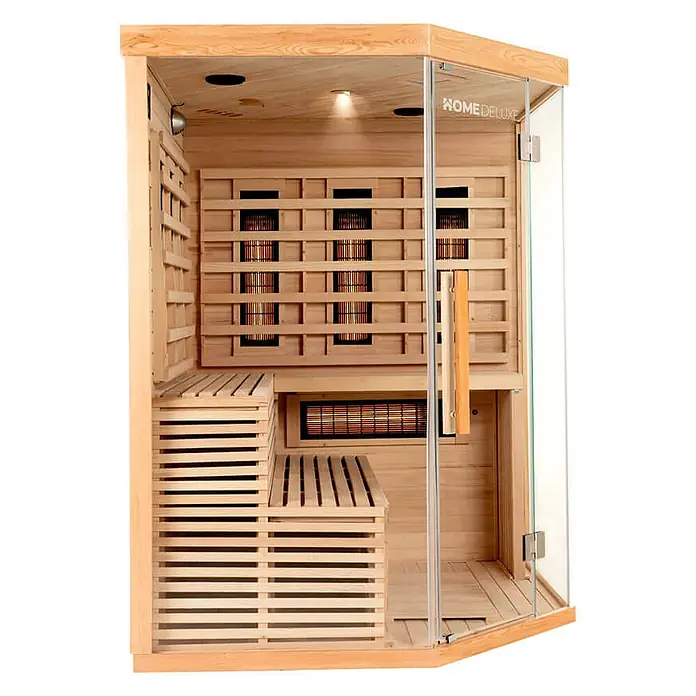 Home Deluxe Infrarotkabine SAHARA XXL -  - Infrarotkabine aus hellem Holz mit Glastür, Innenansicht mit Lattenbänken und Strahlungsheizern.