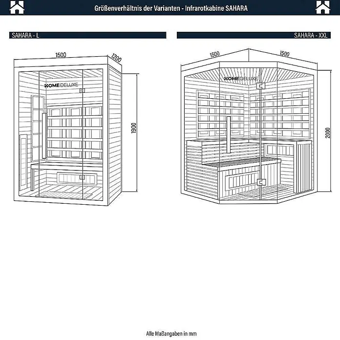 Home Deluxe Infrarotkabine SAHARA XXL -  - Technische Zeichnung zweier Sahara Infrarotkabinen, L (1500x1200x1900mm) und XXL (1500x1500x2000mm), mit Maßen.