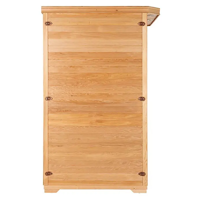 Home Deluxe Infrarotkabine REDSUN M -  - Helles Holzschrank mit horizontalen Lamellen und dekorativen Metallscharnieren.