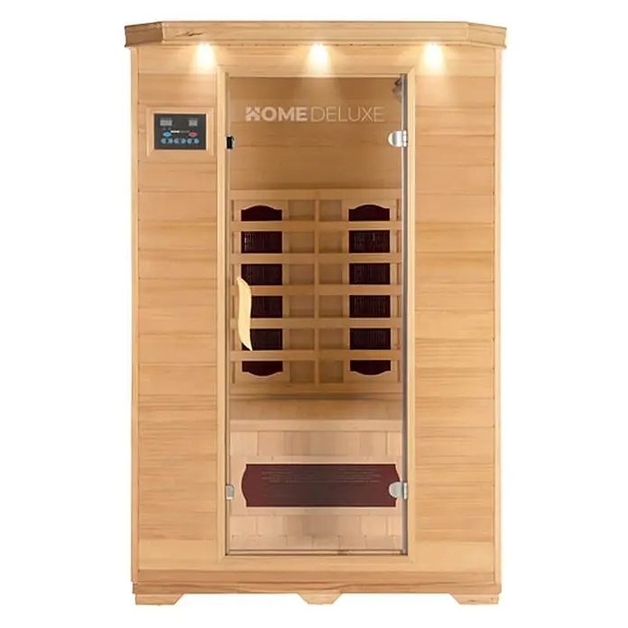 Home Deluxe Infrarotkabine REDSUN M -  - Infrarotsauna aus hellem Holz mit Glastür, Bedienfeld und Innenheizung.