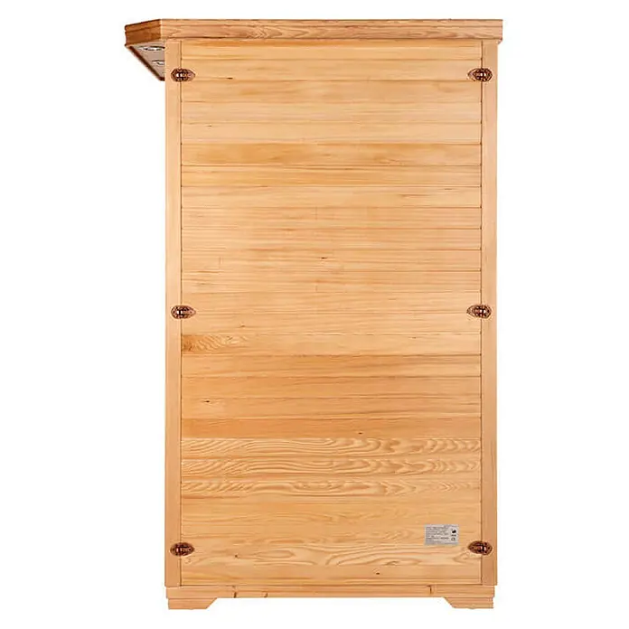 Home Deluxe Infrarotkabine REDSUN M -  - Saunakabine aus hellem Naturholz mit horizontalen Holzlamellen und dekorativen Metallverschlüssen.