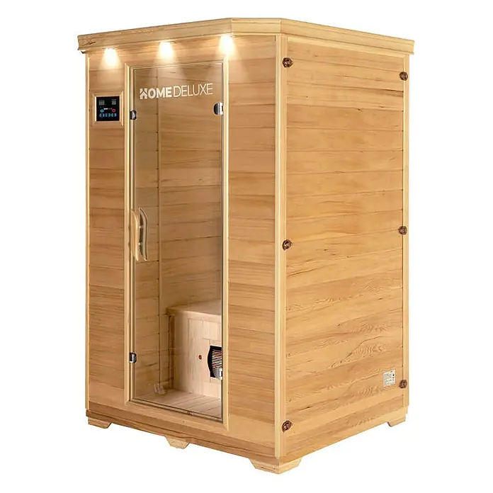 Home Deluxe Infrarotkabine REDSUN M -  - Helle Holz-Infrarotsaunakabine mit Glastür, Bedienfeld und Innenbeleuchtung.
