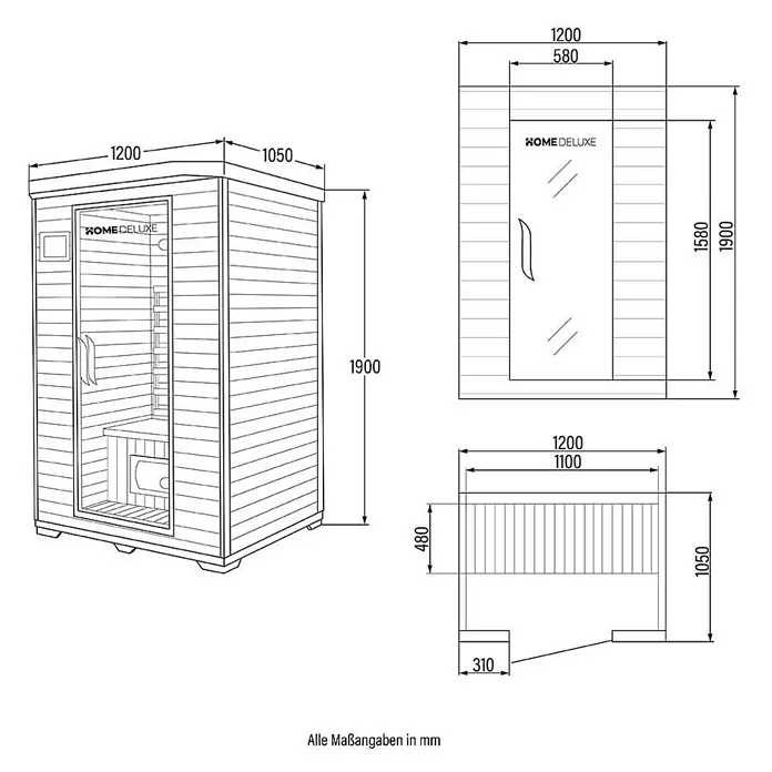 Home Deluxe Infrarotkabine REDSUN M -  - Hölzerne Saunakabine mit Glastür, Innenbank und detaillierten Maßzeichnungen.
