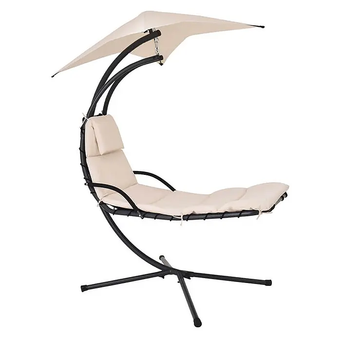 Home Deluxe Gartenliege SAN REMO - Anthrazit / Beige, Polyester - Freistehender Hängesessel aus schwarzem Metall mit cremefarbenen Kissen und beigem Sonnendach.