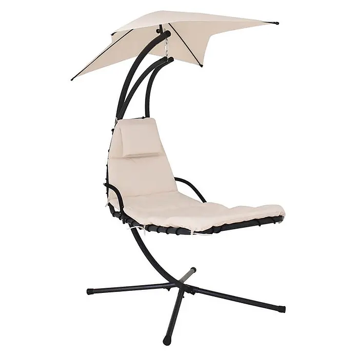 Home Deluxe Gartenliege SAN REMO - Anthrazit / Beige, Polyester - Beiger Outdoor-Hängesessel mit schwarzem Metallgestell und Sonnenschirm.