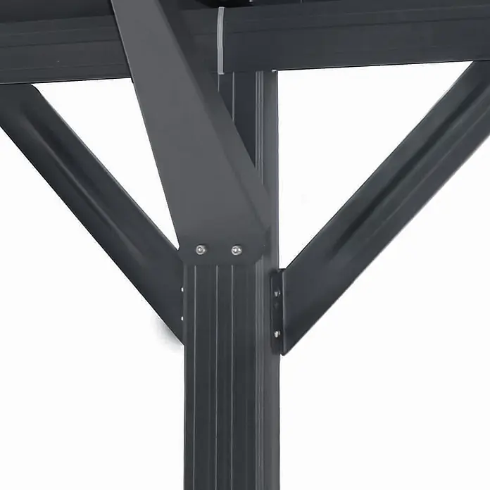 Home Deluxe Carport FALO Farbe: Anthrazit - Außenmaß inkl. Dachüberstand (B x T): 3 x 5,05 m, Einzelcarport, Anthrazit - Nahaufnahme eines dunkelgrauen Metall-Pergolarahmens mit diagonalen Stützbalken, befestigt mit sichtbaren Schrauben.