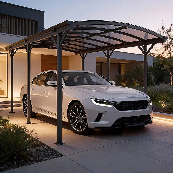 Home Deluxe Carport FALO Farbe: Anthrazit - Außenmaß inkl. Dachüberstand (B x T): 3 x 5,05 m, Einzelcarport, Anthrazit - Dunkelgraues gebogenes Carport mit durchscheinendem Dach über einem weißen Auto.