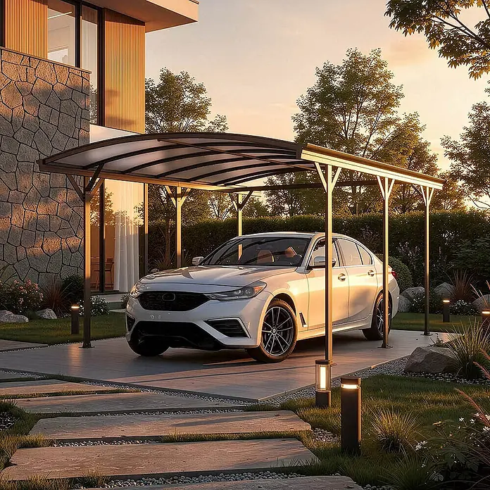 Home Deluxe Carport FALO Farbe: Anthrazit - Außenmaß inkl. Dachüberstand (B x T): 3 x 5,05 m, Einzelcarport, Anthrazit - Moderner Carport mit dunklem Metallrahmen und gebogenem transluzentem Dach, schützt ein weißes Auto.