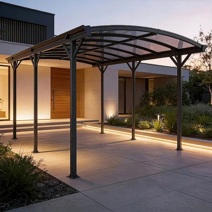 Home Deluxe Carport FALO Farbe: Anthrazit - Außenmaß inkl. Dachüberstand (B x T): 3 x 5,05 m, Einzelcarport, Anthrazit - Moderner dunkelgrauer Metall-Carport mit gewölbtem Transparentdach über Hauseingang und Auffahrt.
