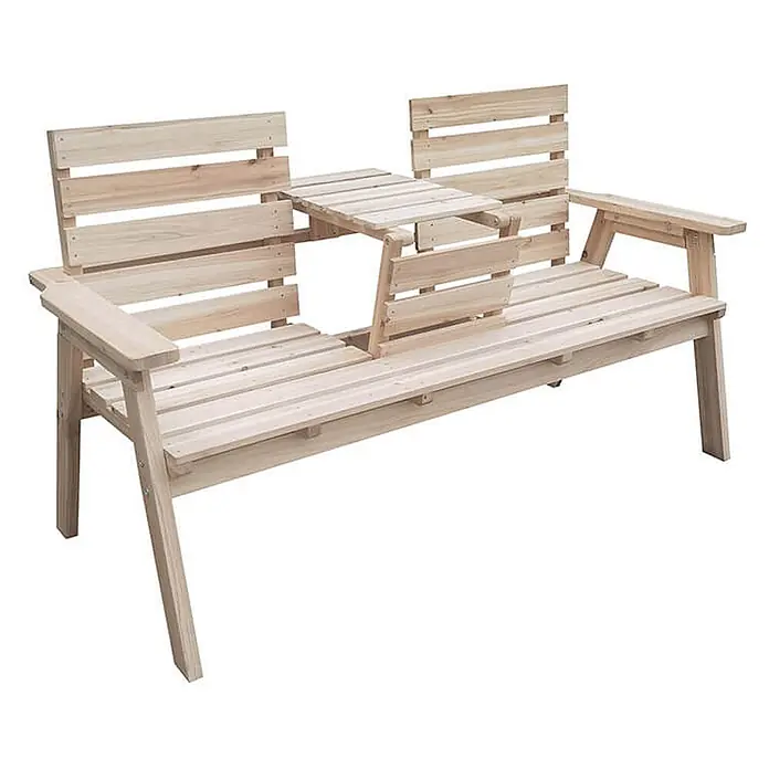 Home Deluxe Gartenbank REYA - Tannenholz, Holzfarbend, Klappbar - Naturbelassene Holz-Gartenbank für zwei Personen mit integriertem Mitteltisch.