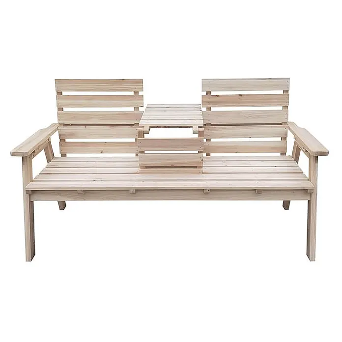 Home Deluxe Gartenbank REYA - Tannenholz, Holzfarbend, Klappbar - Eine natürliche Holz-Zweisitzer-Gartenbank mit integriertem zentralen Tisch.