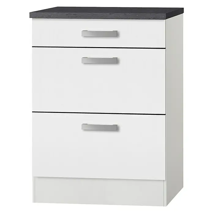 Optifit Oslo Küchen-Unterschrank - 60 x 60 x 84,8 cm, Weiß - Moderne Kommode mit drei Schubladen und einer dunklen Arbeitsplatte. Ideal für zusätzlichen Stauraum in jedem Raum.