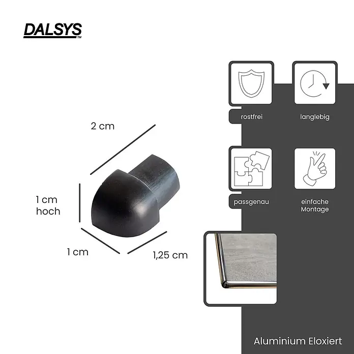 Dalsys Viertelkreis-Profil 12,5mm Außeneck Fliesenschiene Aluminium Schwarz - Aluminium, Schwarz - Schwarzes eloxiertes Aluminium-Eckstück, 2x1x1.25 cm, für passgenaue und einfache, rostfreie Montage.