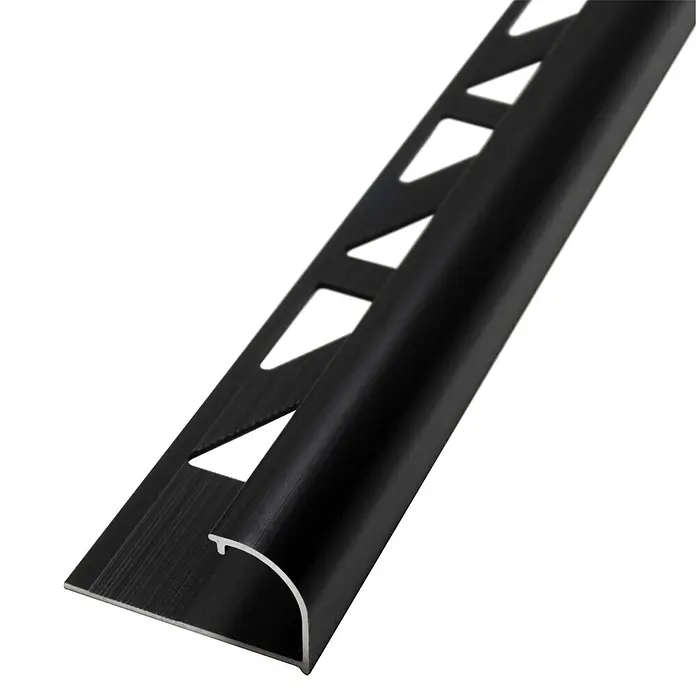 Dalsys Viertelkreis-Profil 2,5m Fliesenschiene 8mm Aluminium Schwarz - Aluminium, Schwarz - Schwarze Fliesenschiene aus Metall mit abgerundeter Vorderkante und perforiertem Klebeflansch.