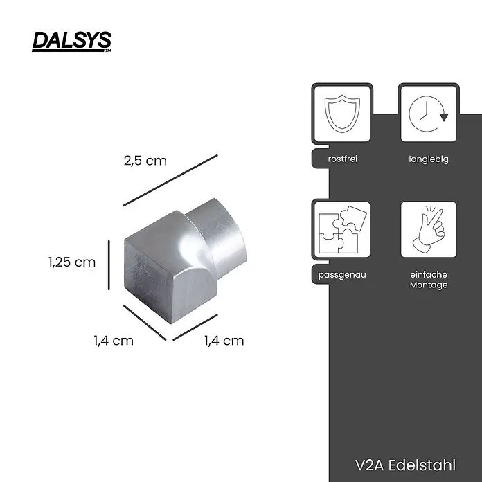 Dalsys Viertelkreis-Profil 12,5mm Inneneck Fliesenschiene Viertelkreis Edelstahl Gebürstet - Edelstahl, Silber - Silberner V2A Edelstahl 90-Grad-Winkelverbinder, rostfrei und langlebig für präzise, einfache Montage.