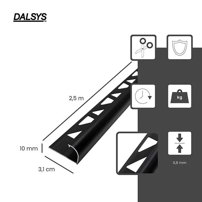 Dalsys Viertelkreis-Profil 5x Fliesenschiene 2,5m x 10mm Aluminium Schwarz - Aluminium, Schwarz - Schwarzes Metall-Fliesenabschlussprofil, 2,5m lang, 10mm hoch und 3,1cm breit, mit technischen Spezifikationen.