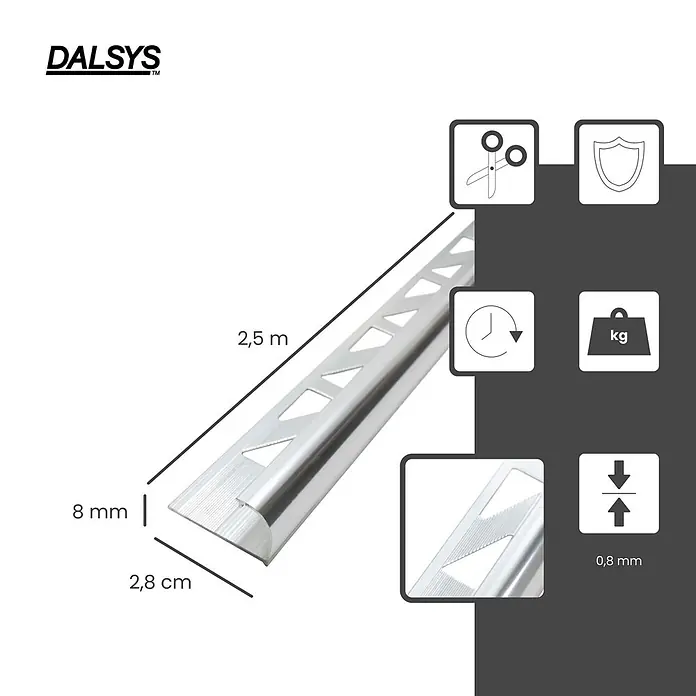 Dalsys Viertelkreis-Profil 5x Fliesenschiene 2,5m x 8mm Aluminium Silber - Aluminium, Silber - Silbernes Metallfliesenprofil mit Adhäsionsaussparungen, 2,5 m Länge, 8 mm Höhe, 2,8 cm Breite und 0,8 mm Dicke.